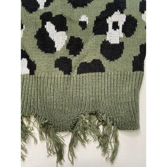 Polly & Esther Sweater Top Women's LARGE Green Black Destructed Cropped Frayed - Picture 7 of 12